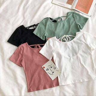 Plain Crewneck Lace-up Backless Short-sleeve T-shirt