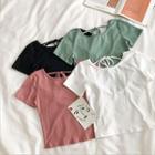 Plain Crewneck Lace-up Backless Short-sleeve T-shirt