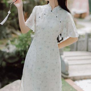 Bell-sleeve Floral Midi A-line Qipao Dress
