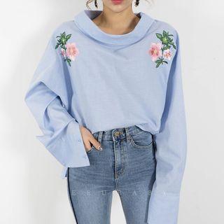 Flower Embroidered Off-shoulder Long-sleeve Blouse