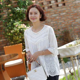 Elbow-sleeve Eyelet-lace Blouse Ivory - One Size