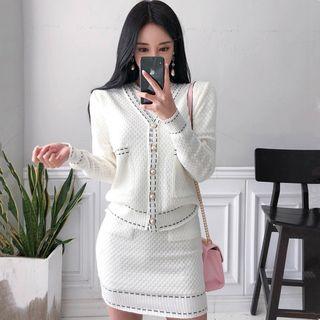 Set: Contrast Trim Short-sleeve Mini Sheath Dress + V-neck Cardigan