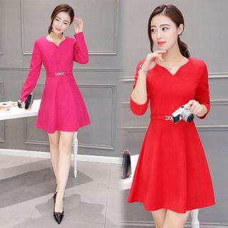 Plain Split-neck A-line Knit Dress