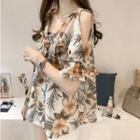 Flower Print Cold Shoulder Chiffon Blouse