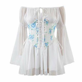 Set: Long-sleeve Cold Shoulder A-line Dress + Floral Belt