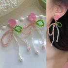 Flower Bow Faux Crystal Faux Pearl Dangle Earring 1 Pair - 2811a - Pink & Green & Gold - One Size