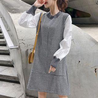 Mock Two-piece Long-sleeve Houndstooth Panel Mini Dress