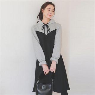 Hooded Color-block Pullover Dress Black - One Size