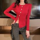 Long-sleeve Faux Pearl Button Knit Top