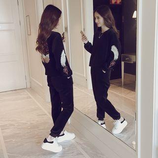 Set: Bird Embroidered Velvet Sweatshirt + Sweatpants