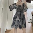 Bell-sleeve Tie-dyed Mini A-line Dress Gray - One Size