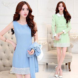 Set : Collared Long-sleeve Top + Sleeveless Dress