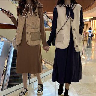 Fleece Vest / Long-sleeve Midi Dress