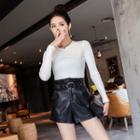 High Waist Faux Leather Shorts With Belt