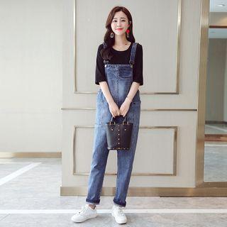 Set: Elbow-sleeve T-shirt + Denim Dungaree Pants