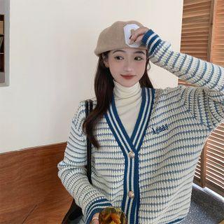 V-neck Striped Cardigan Stripe - Blue & White - One Size