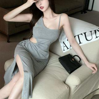 Sleeveless Asymmetrical Cutout Slit Midi Sheath Dress