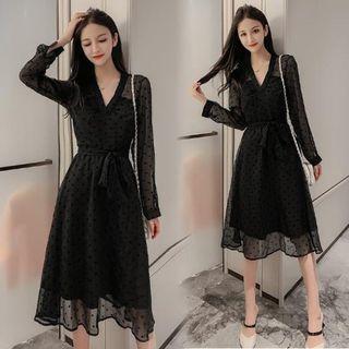 Dotted V-neck Long-sleeve A-line Midi Mesh Dress