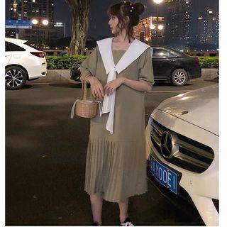 Elbow-sleeve Wide-collar Chiffon Midi Pleated Dress