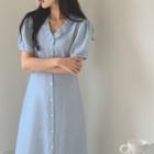 Frill-neck Button-up Dress