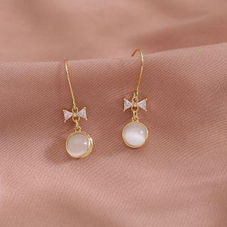 Bow Rhinestone Faux Cat Eye Stone Sterling Silver Dangle Earring 1 Pair - Gold - One Size