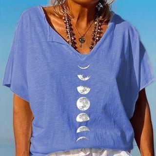 Short-sleeve V-neck Moon Print T-shirt