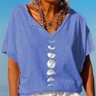 Short-sleeve V-neck Moon Print T-shirt