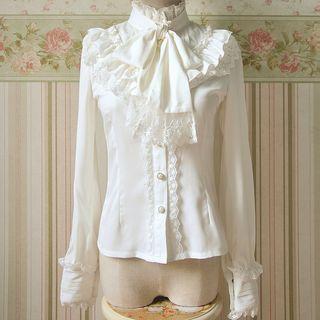 Lace Trim Frilled Neck Long-sleeve Chiffon Blouse