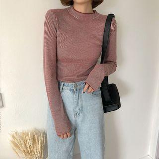 Mock Neck Stripe Long-sleeve T-shirt