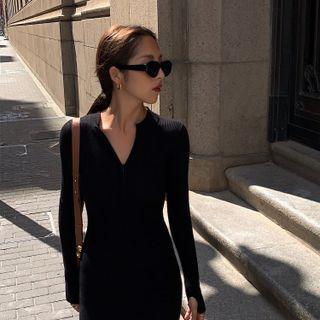 Long-sleeve Collared Knit Mini Dress
