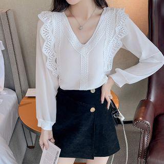 V-neck Lace Trim Knit Panel Blouse