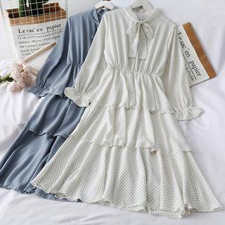 Layered Ribbon-neckline Dotted Chiffon Dress