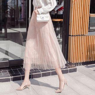 Lace Mesh Panel Midi Accordion Pleat Skirt