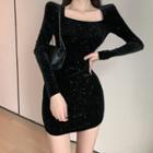 Long-sleeve Square-neck Glitter Mini Sheath Dress