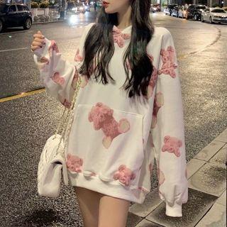 Bear Print Hooded Sweatshirt White - One Size