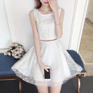 Cut Out Detail Lace Overlay Sleeveless Dress