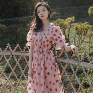Strawberry Print Short-sleeve Mesh Midi A-line Dress