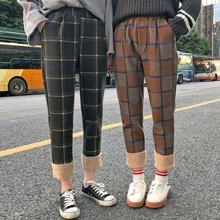 Faux Shearling Panel Cropped Plaid Pants