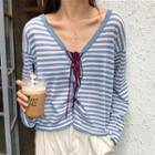 Striped Lace-up Knit Top Stripe - Light Blue - One Size