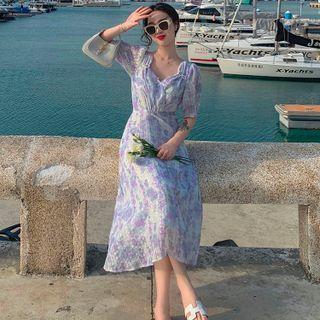 Puff-sleeve Print Midi A-line Dress / Skirt