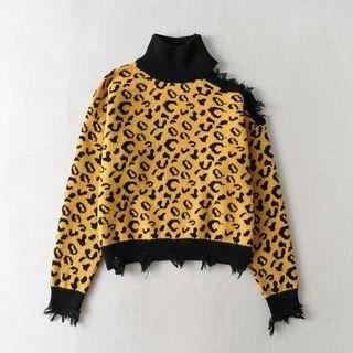 Turtleneck Cold-shoulder Leopard Print Sweater
