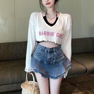 Halter Top / Printed Cape Top / Asymmetrical Denim Mini Skirt
