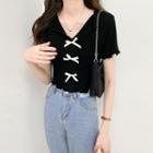 V-neck Two Tone Bow Cropped Top