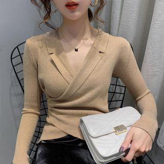 Notch Lapel V-neck Wrap Knit Top