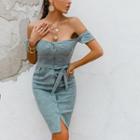 Off-shoulder Tie-waist Buttoned Sheath Dress