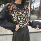 Drop-shoulder Flower Embroidered Sweater
