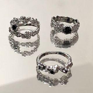 Set Of 3: Rhinestone Ring Set Of 3 - Black Rhinestone - Silver - One Size