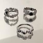 Set Of 3: Rhinestone Ring Set Of 3 - Black Rhinestone - Silver - One Size