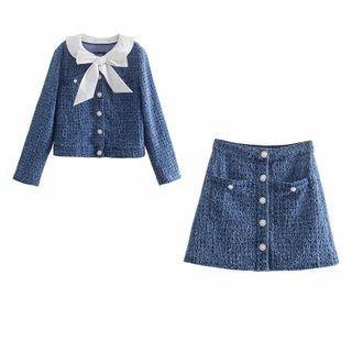 Ribbon Single-breasted Denim Jacket / Mini A-line Skirt