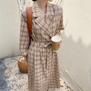 Double Breasted Tie Waist Plaid Trench Coat